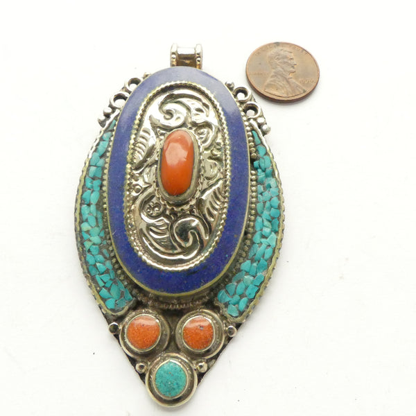 Himalayan Pendant, Large Oval with Turquoise, Lapis, and Coral Inlay, 3.5 inches long