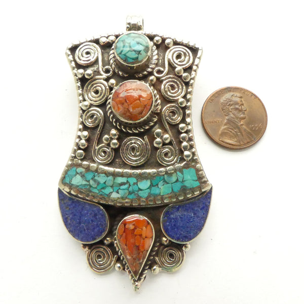 Himalayan Pendant, White Metal with Turquoise, Lapis and Coral Inlay, 3 inches long