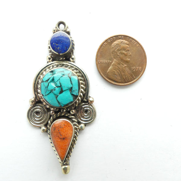 Himalayan Pendant with Turquoise, Lapis, and Coral Inlay