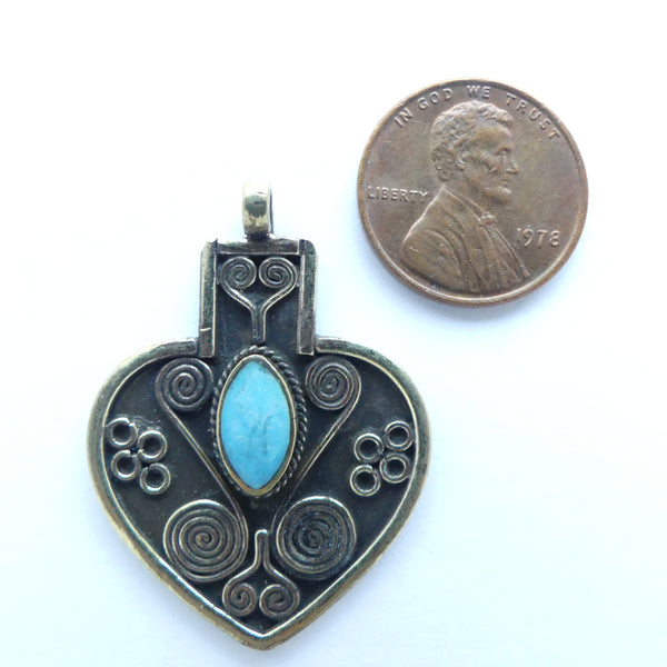 Heart-Shaped Afghan Pendant with Turquoise, 38mm long