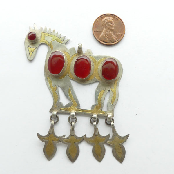 Turkoman Horse Pendant with 4 Carnelian Cabochons and 4 Dangles