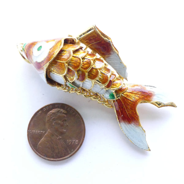 Fish Pendant, Large, Vintage, Articulated Cloisonne, Orange, 50mm long