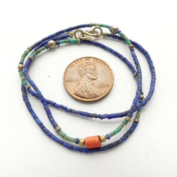 Lapis and Turquoise Micro Beads with Coral, 16-inch Strands