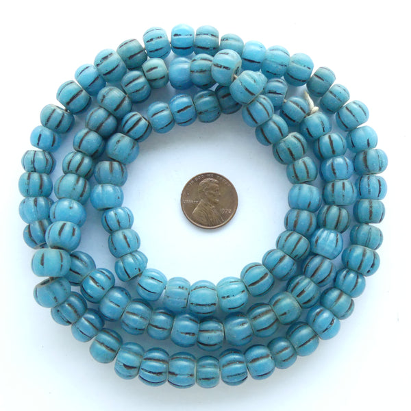 Chinese Glass Melon Beads, Antique, Turquoise, 8x10mm