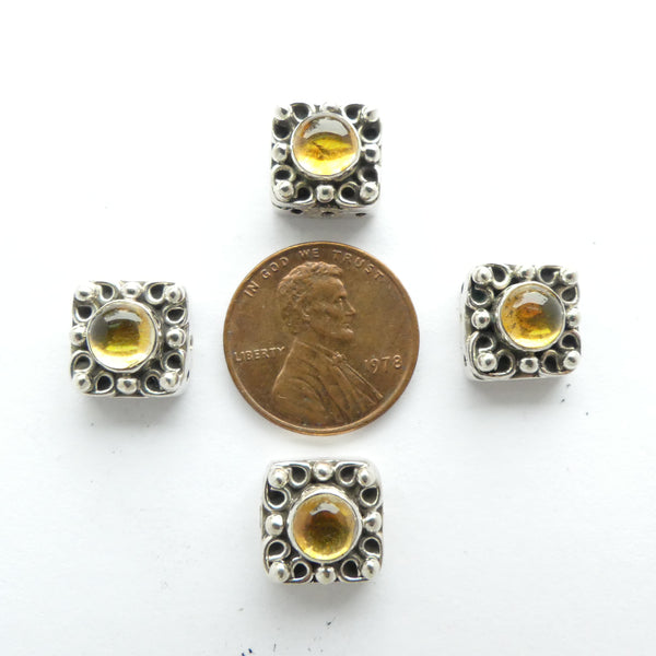 Indian Silver Spacers, Three-Hole Square with Citrine Cab, 12x12mm, Sold Individually