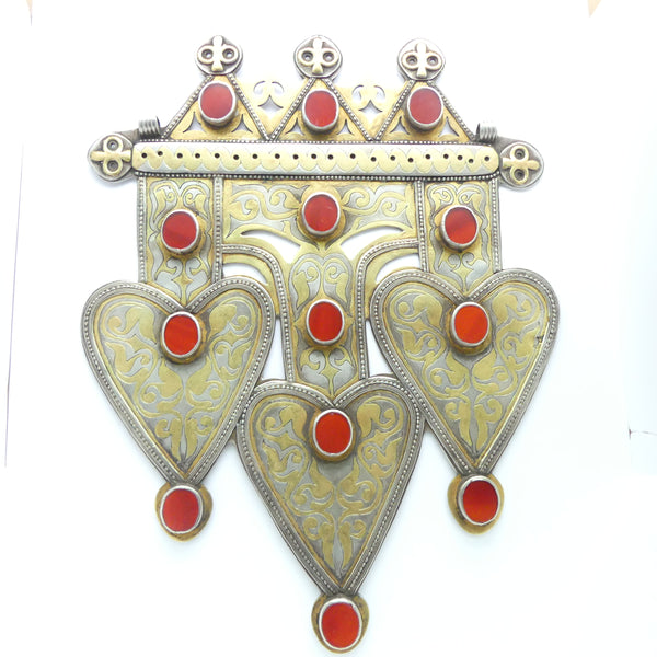Turkoman Woman's Ornament, Fire-Gilded Silver & Carnelians, 9x11.5 inches