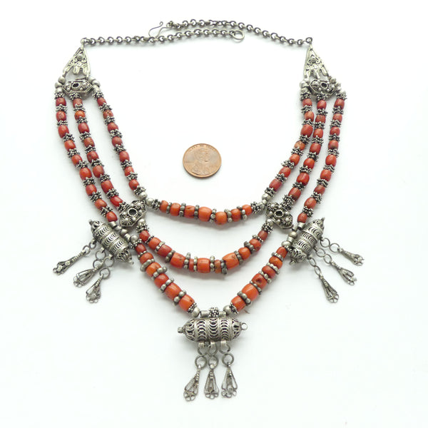 Yemeni Vintage Necklace Coral and Silver Necklace