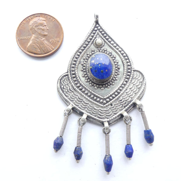 Afghan Silver and Lapis Pendant with Dangles, 47mm Long without Dangles
