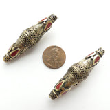 Turkoman Elongated Bicones with Red Resin Inlay, 50x15mm, Sold Individually