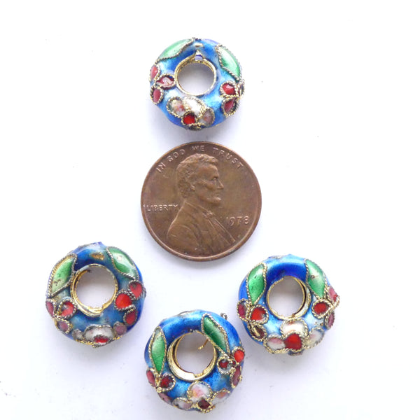 Enamel, Floral Design, Off-Center Hole Donut Bead, 15mm Diameter, Set of 4