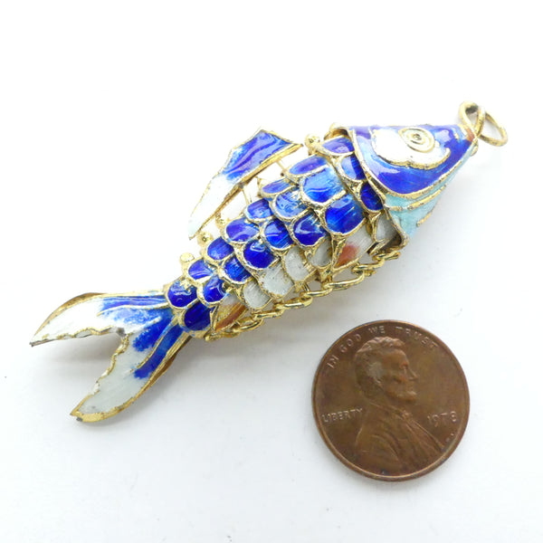 Fish Pendant, Large Vintage Articulated Dark Blue Enamel, 50mm long