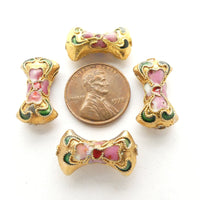 Enamel, Bowtie Shape Beads 20mm with Pink Flowers on Gold Base, Sold Individually