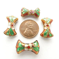 Enamel, Bowtie Shape 20mm, Flowers and Leaves on Coppery Base, Sold Individually