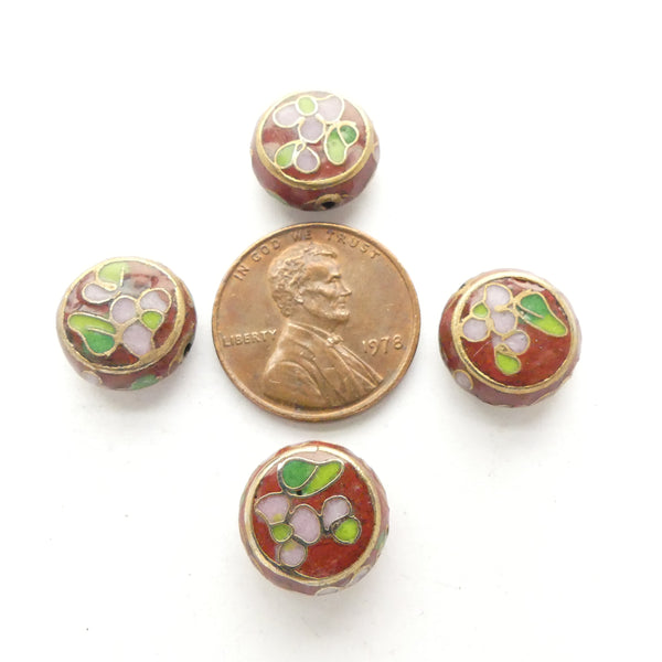 Cloisonne, Vinatge Dark Red Coin Shape Beads, 12mm, Sold Individually