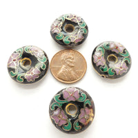 Cloisonne, Vintage Black Donut with Pink Flowers, 20mm, Sold Individually