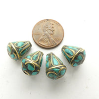 Himalayan Brass Beads, Cone Shape, Inlaid with Turquoise, Set of 4