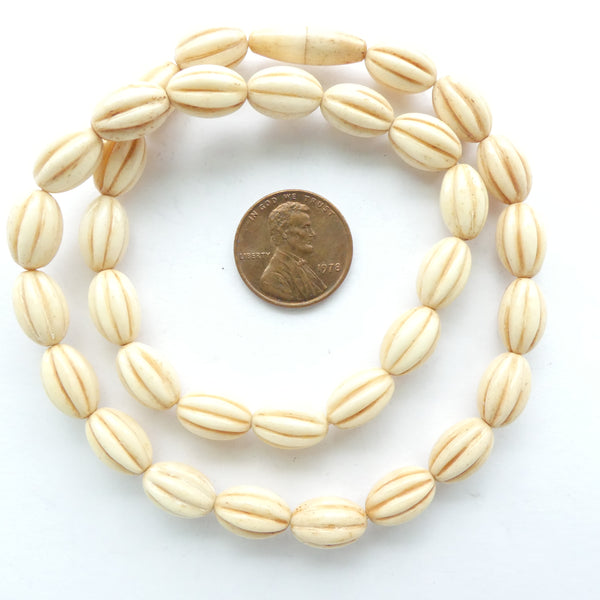 Bone, Strand of Oval Melons, Tea-Stained, 12x8mm