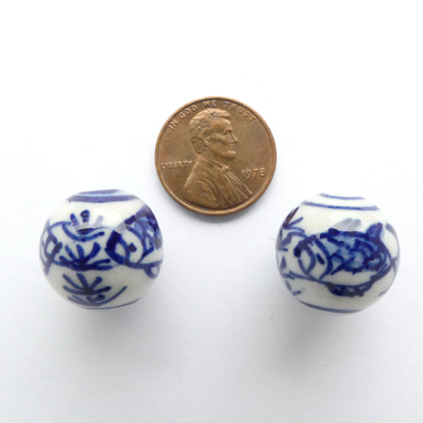 Blue & White Porcelain, Round 16mm, Two Fishes Design, Sold Individually