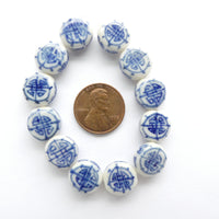 Blue & White Porcelain Coin Shape Longevity Symbol, Set of 12