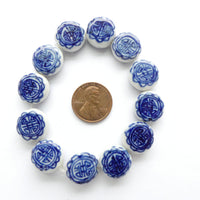 Blue & White Porcelain, Coin Shape 14mm, Longevity Design, Set of 12