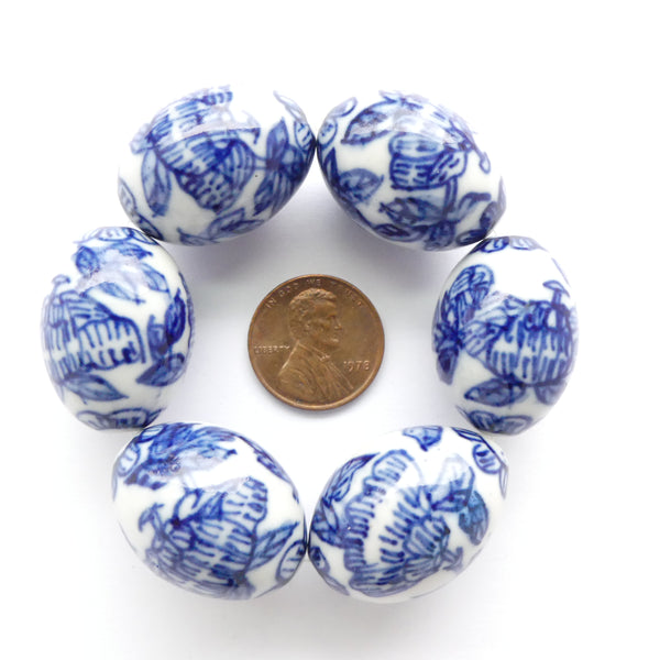 Blue & White Porcelain, Large Oval 25x18, Flowers & Fruit Design, Set of 6