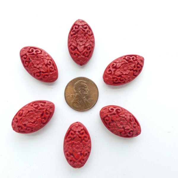 Cinnabar, Flat Oval 24x15mm, Floral Designs, Set of 6