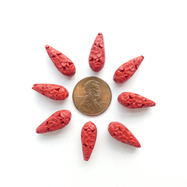 Cinnabar, Teardrop Shape 17x8mm, with Floral Design, Set of 8