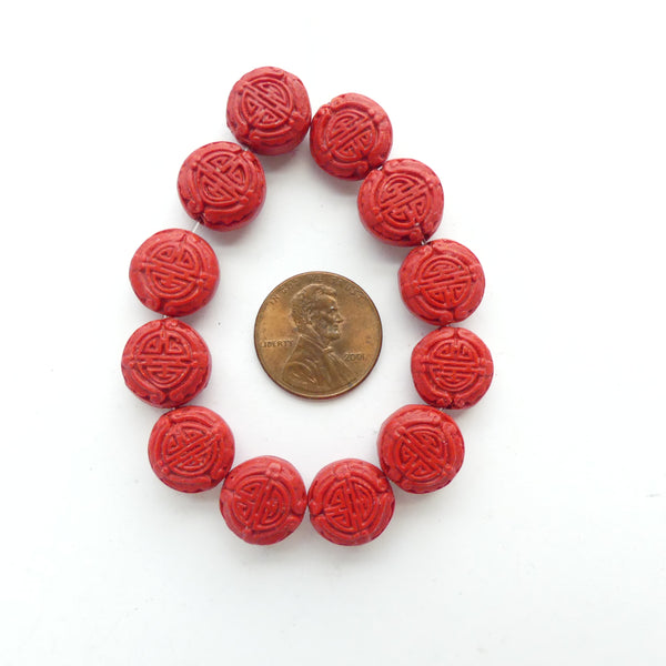 Cinnabar, Coin Shape 13mm diameter with Good Luck Symbol, Set of 12