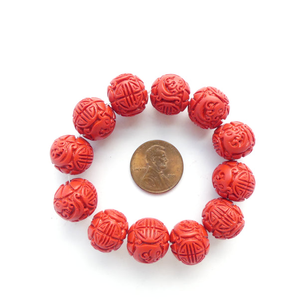 Cinnabar, Round 14mm, Longevity and Stylized Dragon Symbols, Set of 12