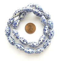 Blue & White Porcelain, Oval 19x9mm, Vines and Grasses Design, 16" Strand