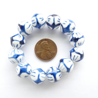 Blue & White Porcelain, Round 12mm, Sylized Petals Design, Set of 12