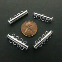 Clasp, Silver Tone Slider, Tube 4-Strand, Bar 27mm Long, Set of 3