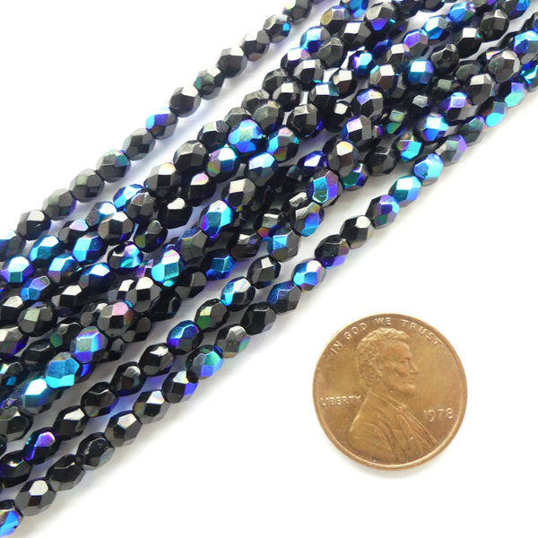 Czech Molded Faceted 4mm, Black AB, Strands of 50 beads