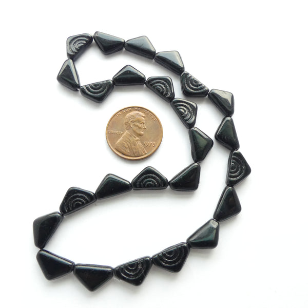 Czech Glass Molded Triangles, 12x7mm, Black, Strand of 25