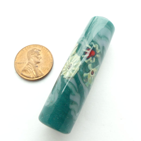 Don Jay Schneider Long Teal Cylinder Bead with Mosaics, 52x15mm