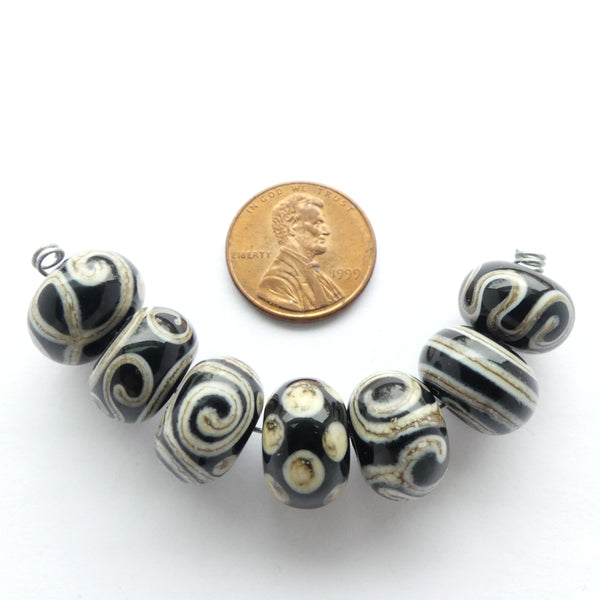 Lampworked Rondelles, Black, Beige Spirals and More, 8x13mm, Set of 7