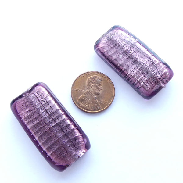 Genuine Venetian Foil Glass Beads, Purple Rectangles, 35x18mm, Set of 2