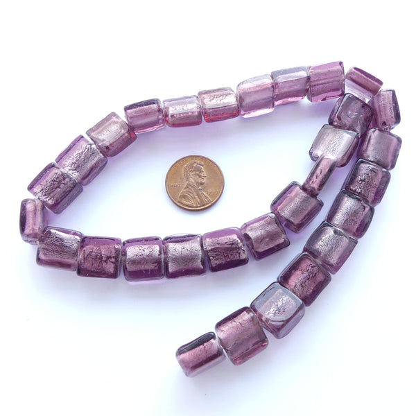 Chinese Foil Glass Beads, Purple Squares, Strand of 30