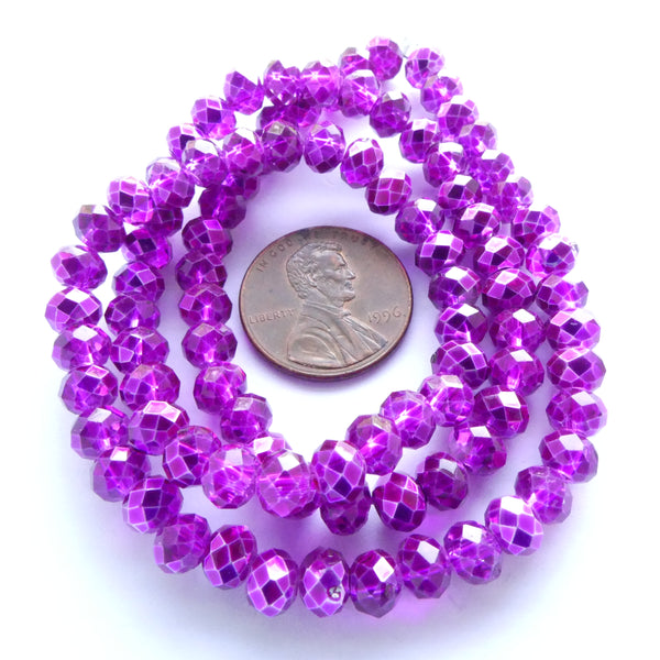Faceted Glass "Dragon Crystal" 4x6mm Hot Pink Metalic on 16-inch Strands