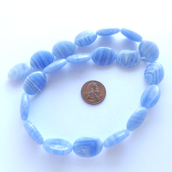 Flat Ovals, 20x15mm,  Blue Glass Imitating Blue Lace Agate, Strands of 20