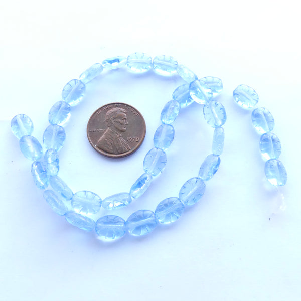 Vintage German Glass, Textured Flat Ovals, 9x6mm, Translucent Light Blue