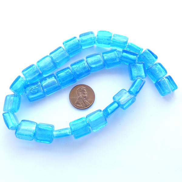 Chinese Foil Glass Beads, Aqua, Strand of Squares 12x12x6mm
