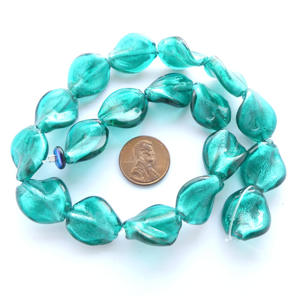 Chinese Foil Glass, Teal Twisted Flat Ovals, 18x16mm
