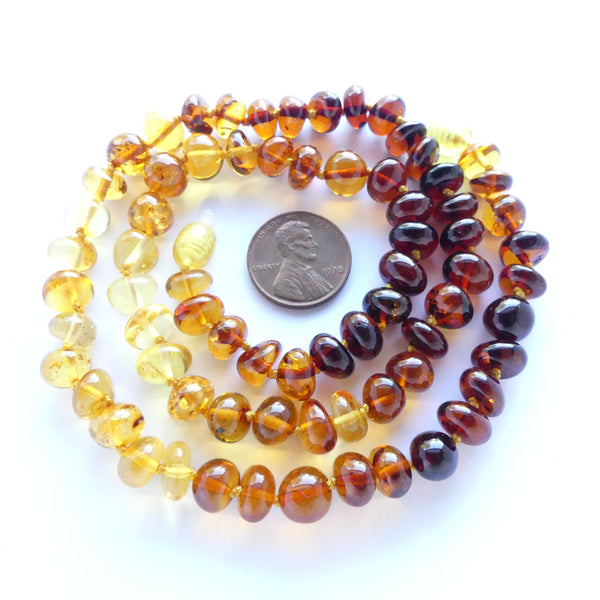 Amber, Knotted Necklace of Graduated Color Nuggets, 19" Long