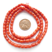 Coral, Italian Precious Red, Short Barrels, 4x5mm on long 21" Strand