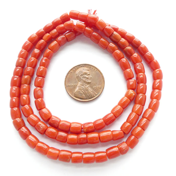 Coral, Italian Precious Red, Short Barrels, 4x5mm on long 21" Strand