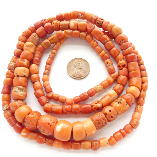 Coral, Antique Nigerian Beads on Extra Long 41-inch Strand