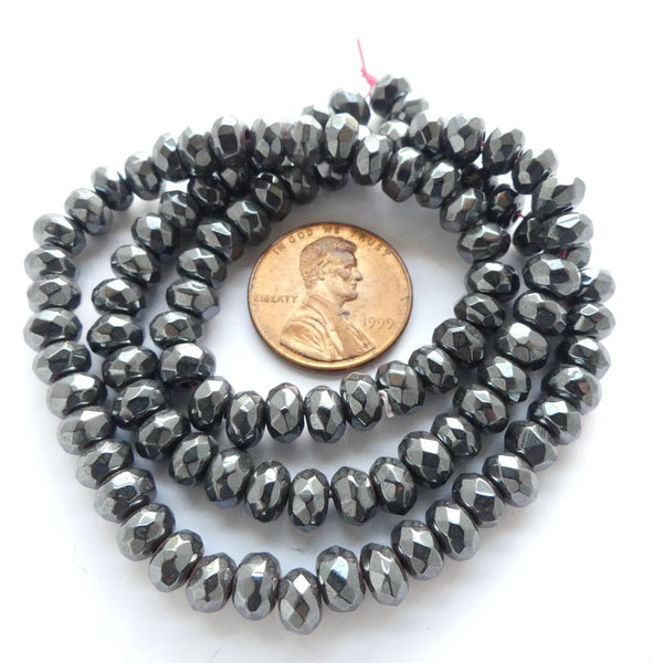 Hematite, Faceted Rondelles, 6mm on 16-Inch Strand