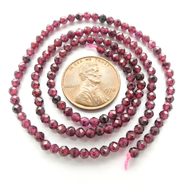 Garnet, Faceted Round 3x3mm on 15.5-inch Strands