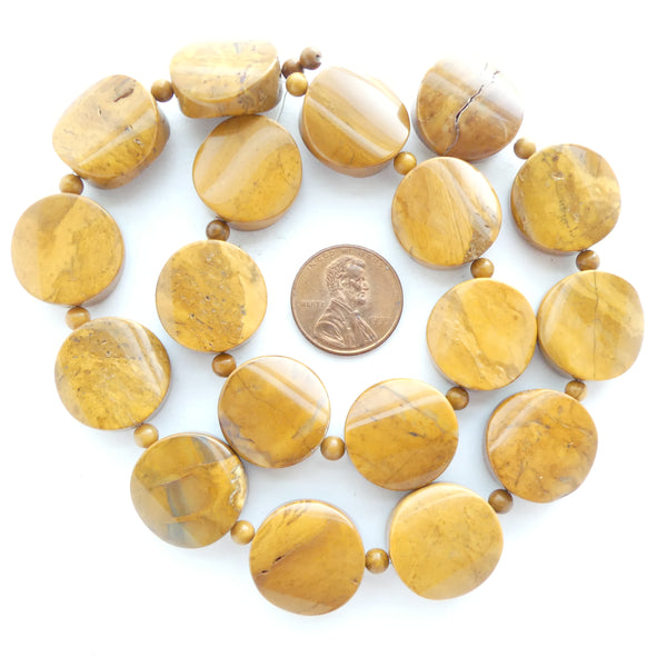 Yellow Jasper, Pinched Disc Shape Beads, 18mm Diameter on 16" Strands